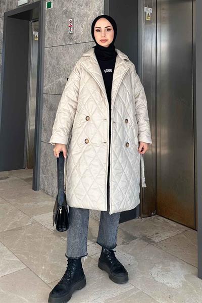 Ceket Yaka Beli Kuşaklı Kapitone Mont Taş