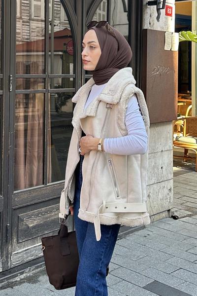 Kürk Detaylı Süet Yelek Bej