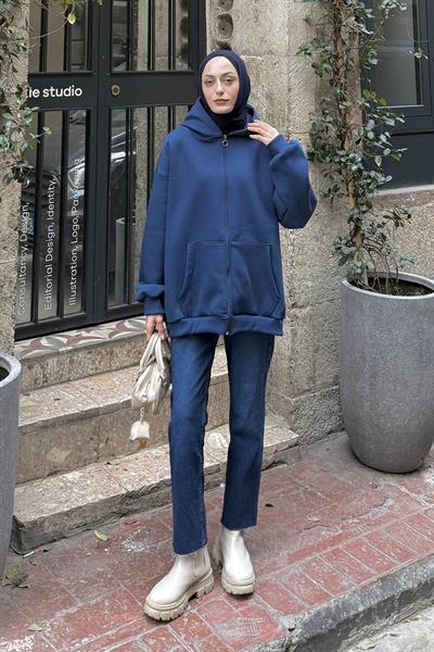 Kapüşonlu Oversize Yan Cepli Sweat İndigo