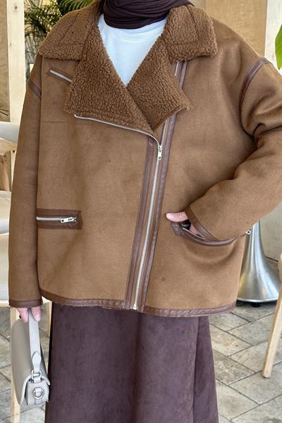 Fermuarlı İçi Peluş Detaylı Süet Mont TABA