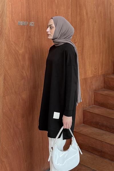 İki iplikli Arma Detaylı Sweat Tunik Siyah