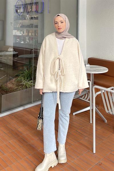 Bağlamalı Kaşe Kimono Ekru