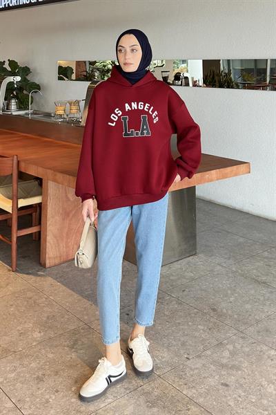Los Angeles Baskılı Oversize Sweatshirt Bordo