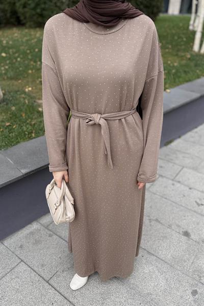 Taş Detaylı Tesettür Elbise Soft Kahve
