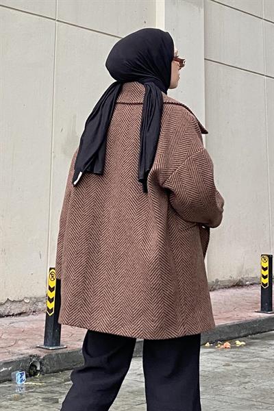 Zikzak Desen Balık Sırtı Kaban Acı Kahverengi