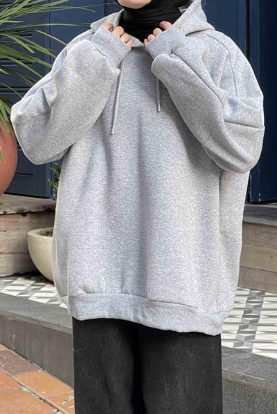 Kapüşonlu Oversize Yan Cepli Sweat Gri