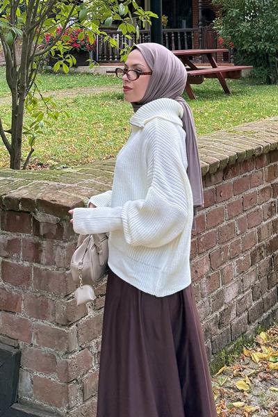 Fermuarlı Triko Hırka Krem