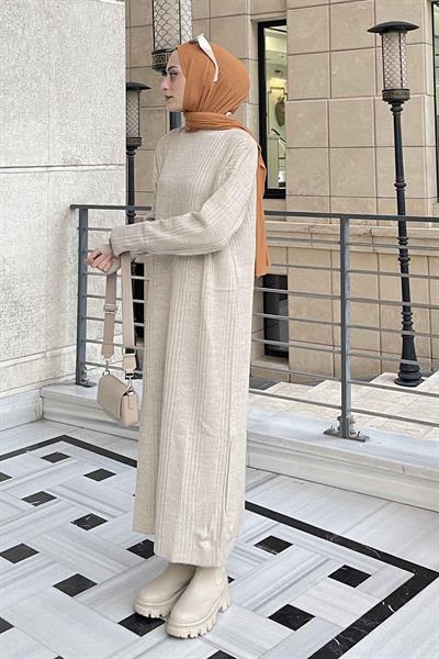 Fitilli Triko Uzun Elbise Bej