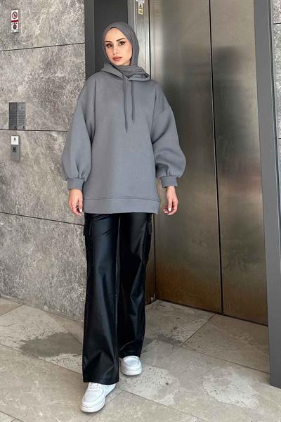 Üç İplik Balon Kol Sweatshirt Füme