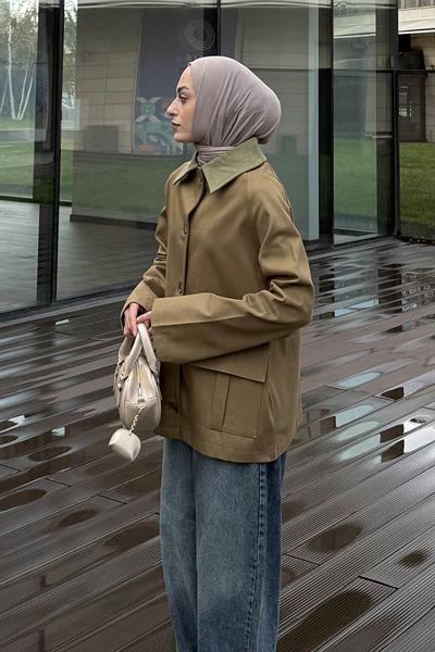 Yaka Detaylı Düğmeli Gabardin Ceket Haki