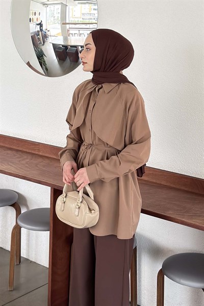 Pelerin Detaylı Gömlek Soft Kahve