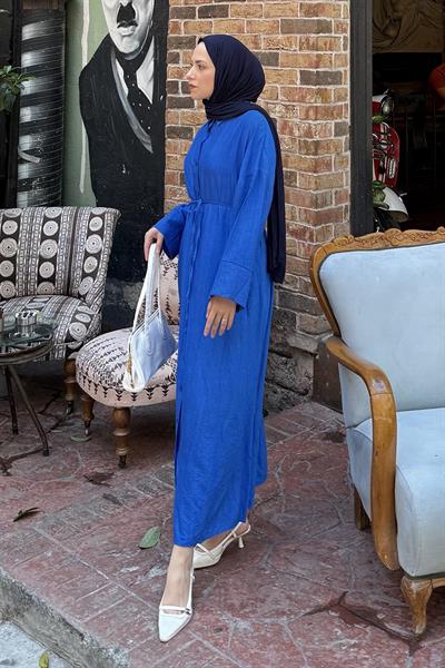 Pat Detaylı Elbise Saks Mavisi