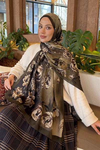 Çiçek Desen Bambu Şal Haki