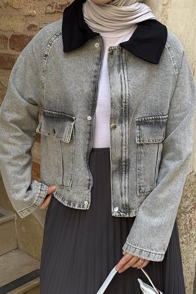 Çıtçıtlı Denim Ceket Gri