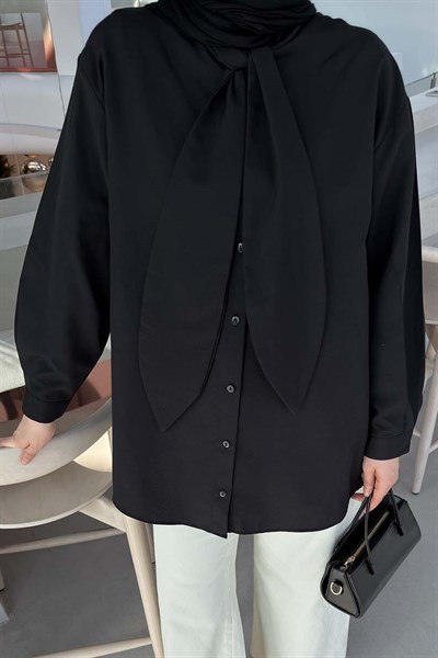 Fular Detaylı Gömlek Siyah