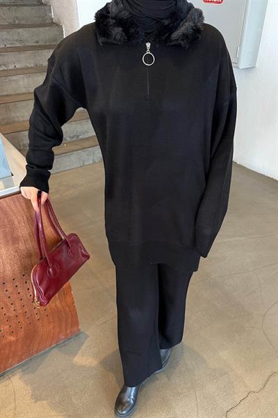 Peluş Yaka Triko Takım Siyah