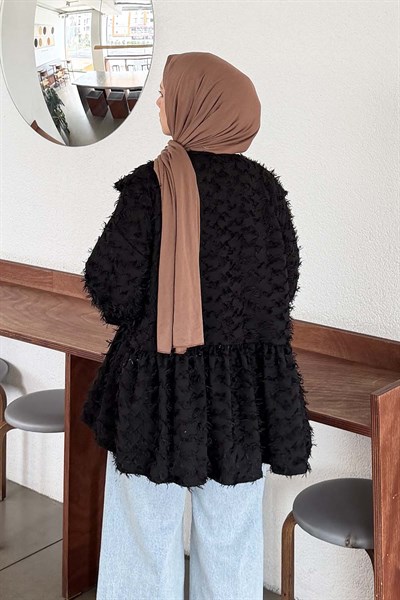 Püskül Detaylı Bağlamalı Tunik Siyah