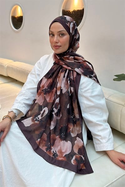 Batik Çiçek Desen Bambu Şal Kahverengi