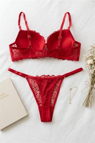 Dantelli Destekli Balenli  Sütyen Takımı Kırmızı