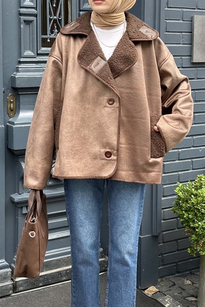 Süet Düğmeli Mont Kahverengi