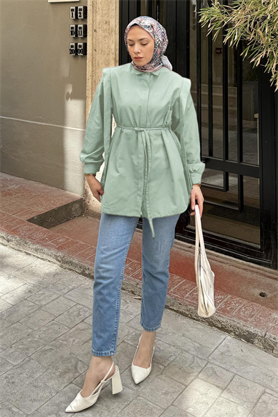 Bel Bağlamalı Omuz Vatkalı Gömlek Mint Yeşili