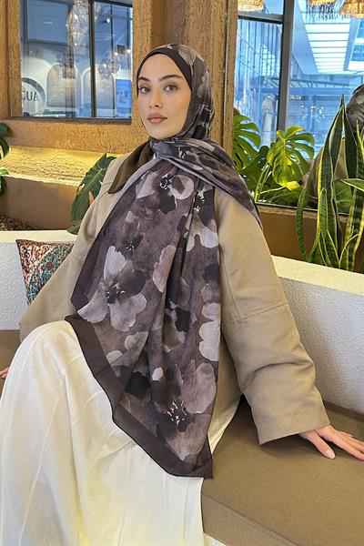 Batik Çiçek Desen Bambu Şal Acı Kahverengi
