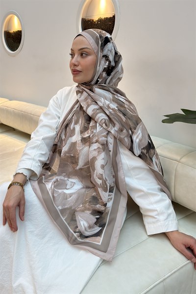 Çiçek Desen Pamuk Şal Koyu Vizonrengi
