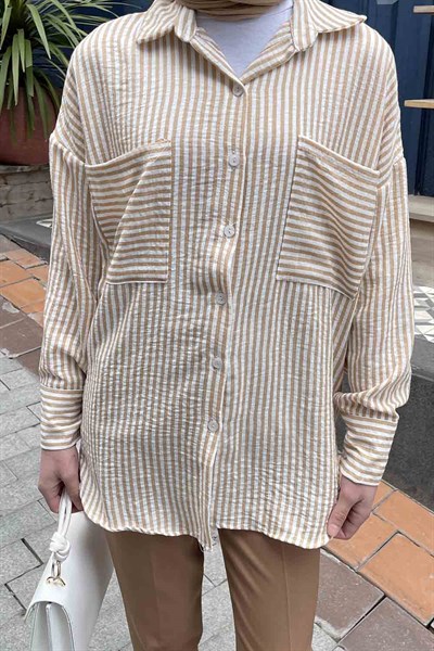 Çift Cep Detaylı Çizgili Keten Gömlek Bej