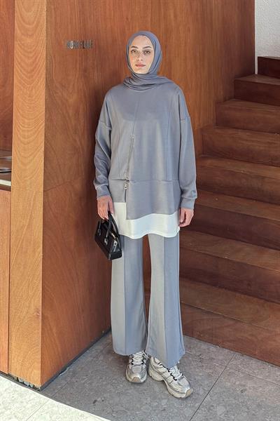 Fermuarlı Garnili Takım Gri