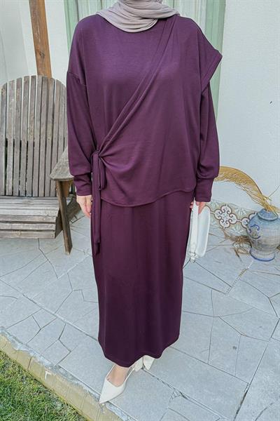 Büzgülü Tesettür Elbise Mürdüm