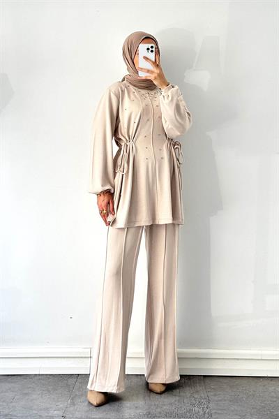 Taşlı İkili Takım Krem