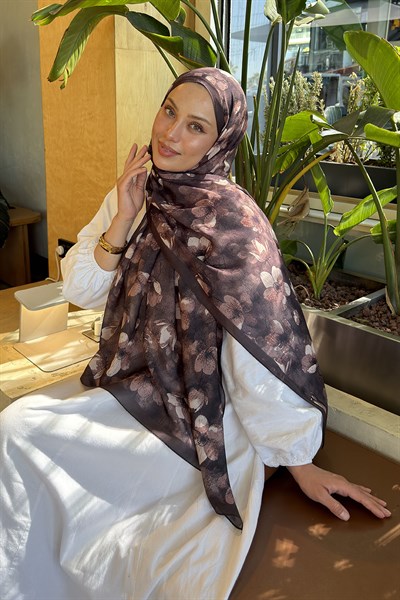 Çiçek Desen Lara Soft Şal Acı Kahverengi