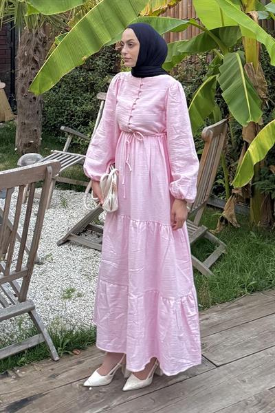 Bel Büzgülü Tesettür Elbise Pembe