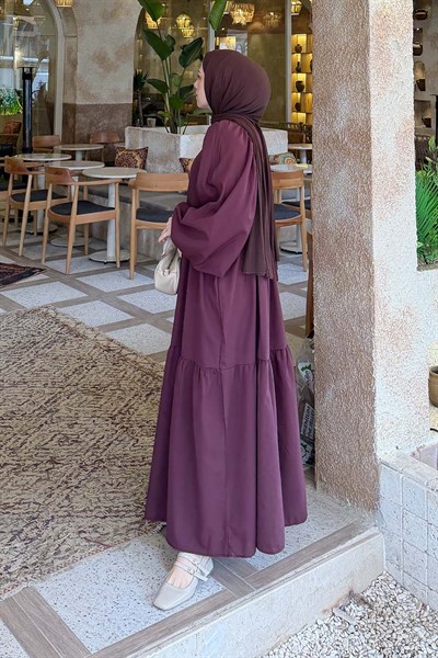 Balon Kol Katlı Yazlık Elbise Mürdüm