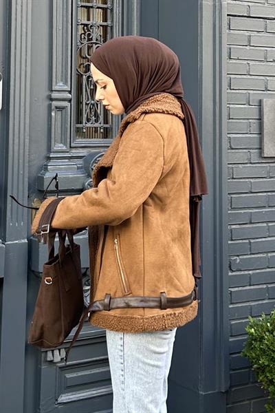 İçi Kürklü Biker Süet Mont TABA