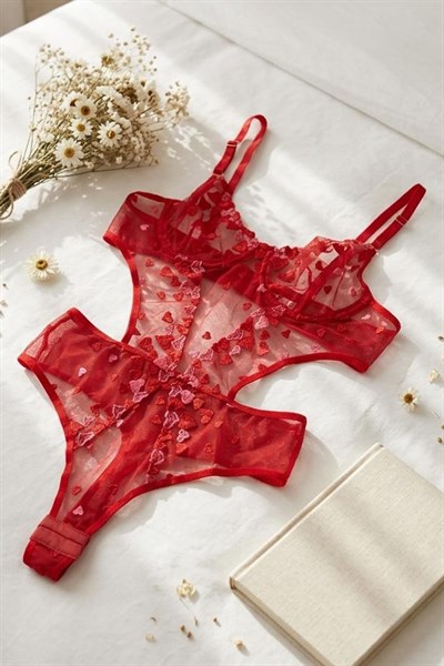Kırmızı Kalp Desen Bodysuit Kırmızı