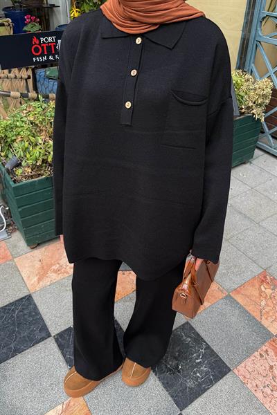 Cep Detaylı Triko Takım Siyah