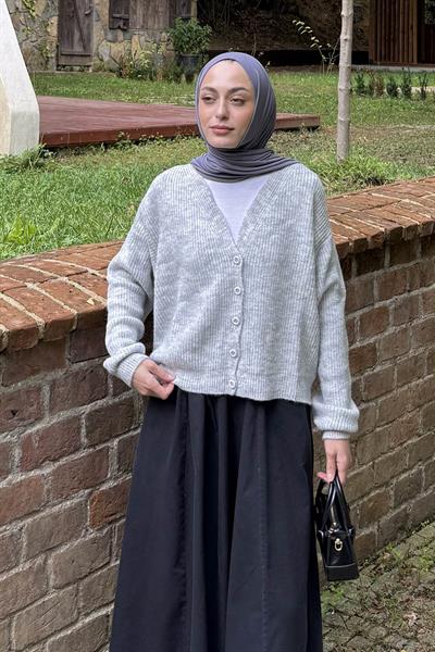 Crop V Yaka Hırka Gri