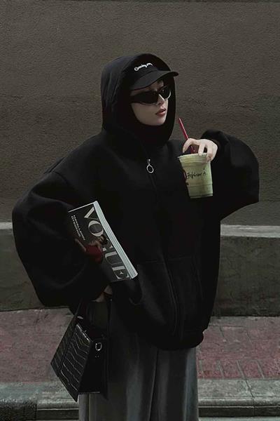 Kapüşonlu Oversize Yan Cepli Sweat Siyah