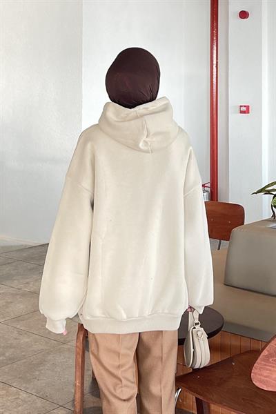 Kapüşonlu Salaş Sweatshirt Bej