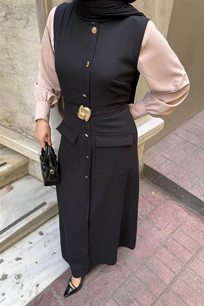 Düğme Detaylı Elbise Siyah