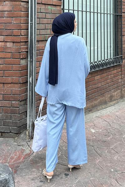 Bağlama Detaylı Kimono Tesettür Takım Mavi