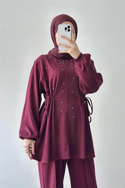 Taşlı İkili Takım Bordo