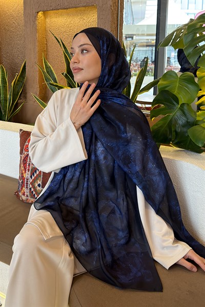 Gül Çiçek Desen Ferah Şal Lacivert