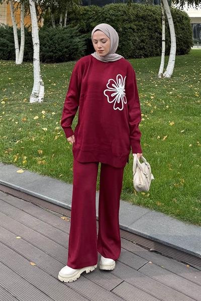 Çiçek Detaylı Triko Takım Bordo