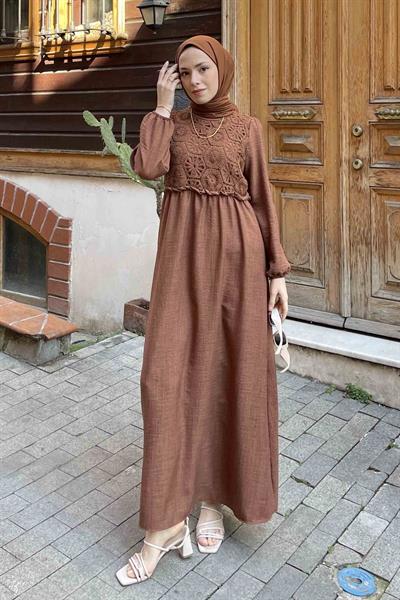 Dantel Örgü Detaylı Elbise Çikolata Kahve