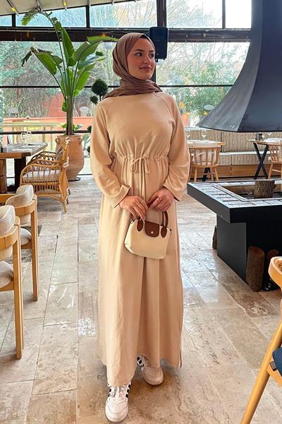 Bel Tünel Detaylı Elbise Bej