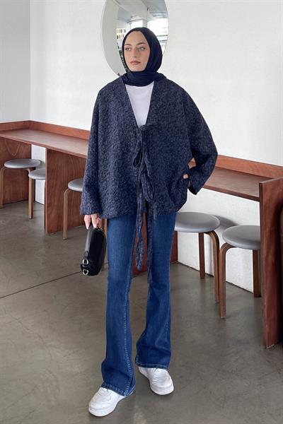 Bağlamalı Kaşe Kimono Lacivert