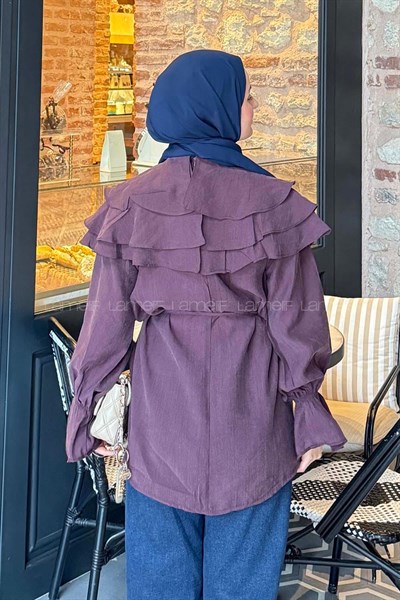Volan Detaylı Kol Büzgülü Gömlek Mürdüm