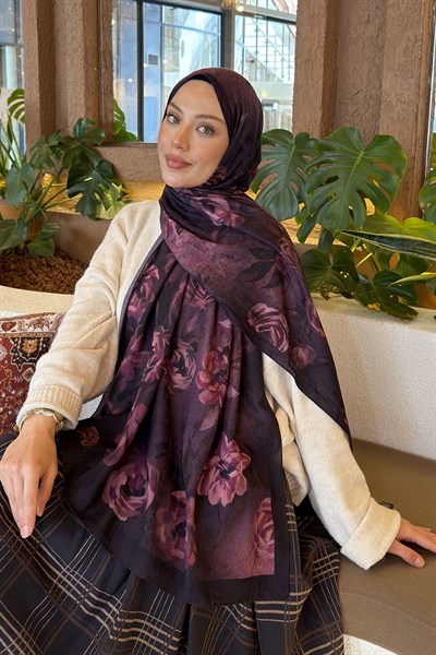 Çiçek Desen Bambu Şal Mürdüm